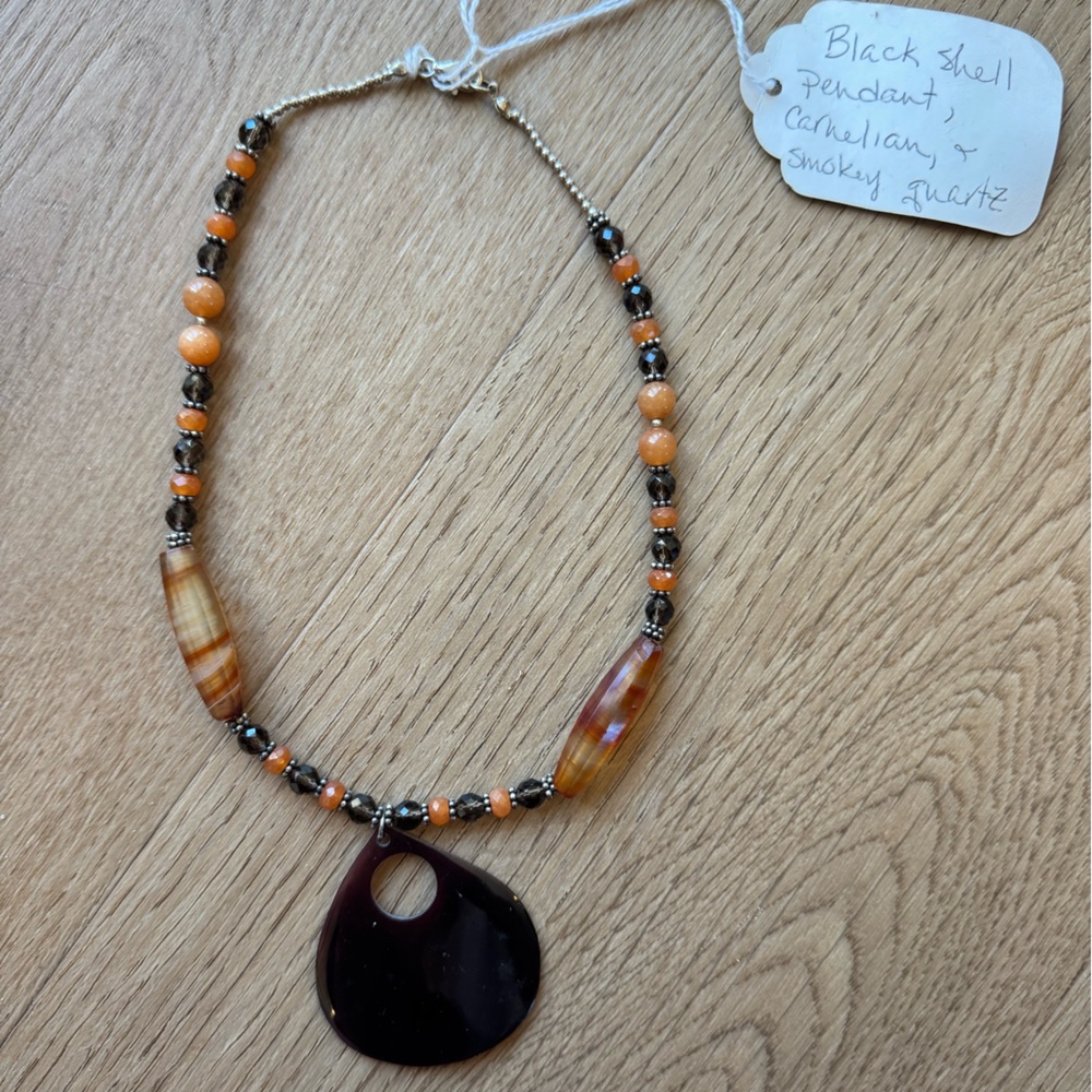 Black Shell Pendant, Carnelian & Smokey Quartz Necklace